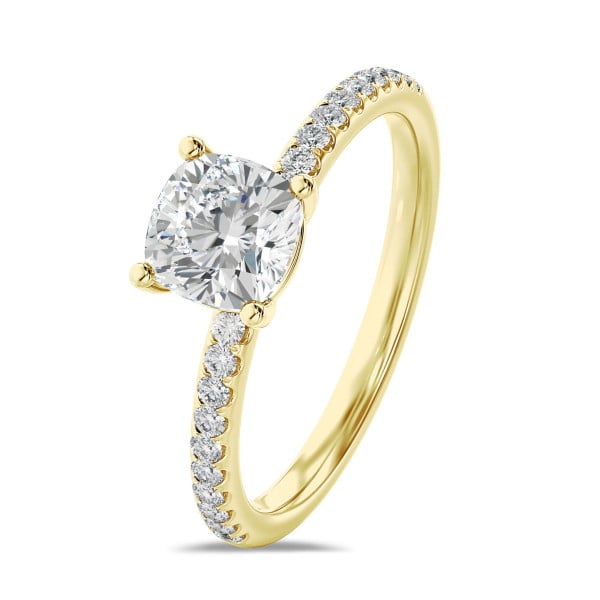 Search all PLP - 3.00 Karat Solitärring mit laborgezüchtetem Diamant im Kissenschliff aus Gelbgold mit kleinen Labordiamanten