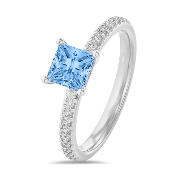 Search all PLP - 1.00 Karat Solitärring mit blauem Prinzessdiamant aus Weißgold mit kleinen Diamanten