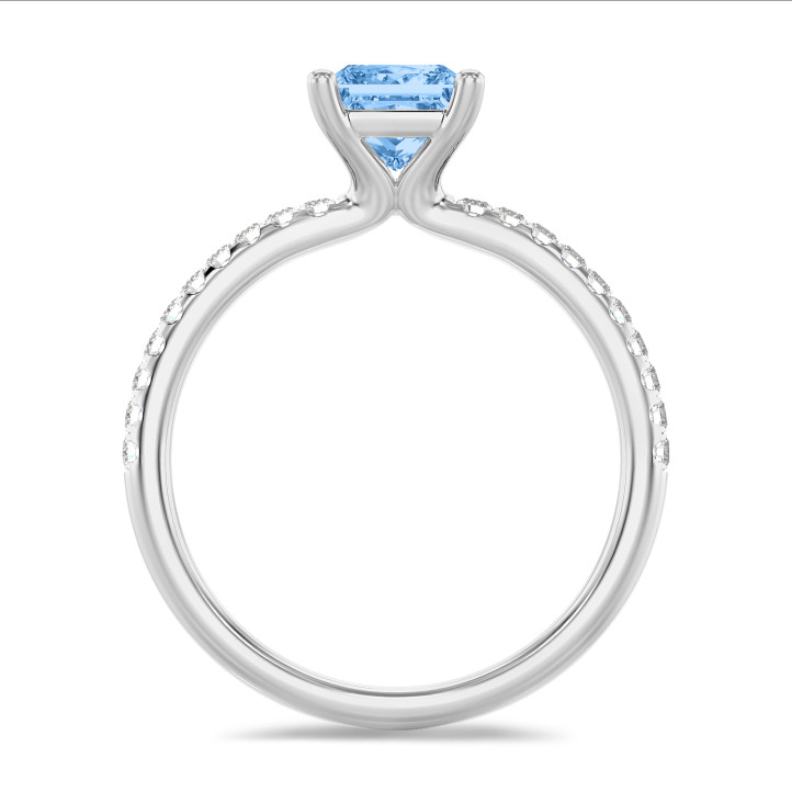 1.00 Karat Solitärring mit blauem laborgezüchtetem Prinzessdiamant aus Weißgold mit kleinen Labordiamanten
