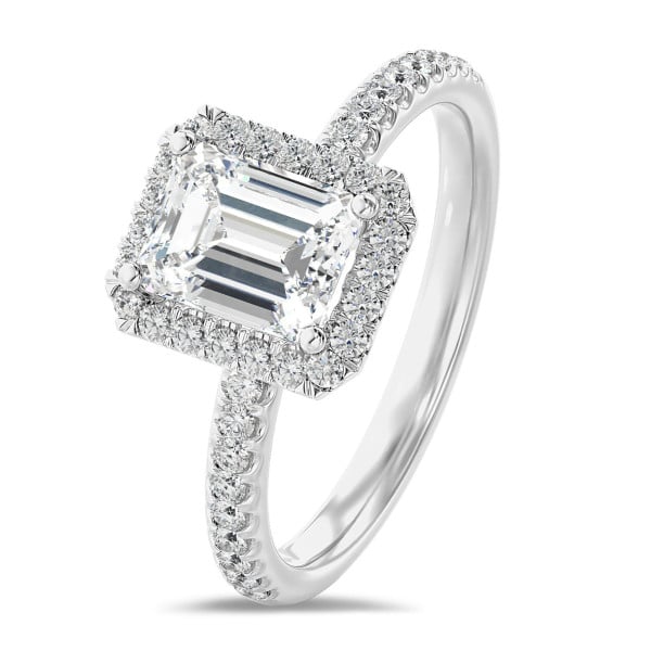 Search all PLP - 3.00 Karat Halo Solitärring mit Diamant im Smaragdschliff aus Weißgold mit runden Diamanten