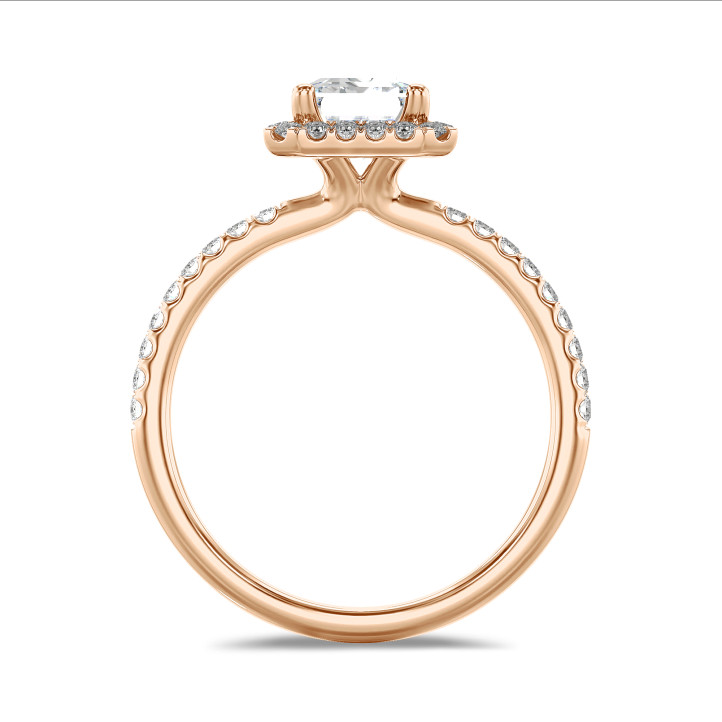 2.00 Karat Halo Solitärring mit Diamant im Smaragdschliff aus Rotgold mit runden Diamanten