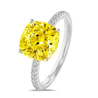 3.00 Karat Solitärring mit gelbem laborgezüchtetem Diamant im Kissenschliff aus Weißgold mit kleinen Labordiamanten