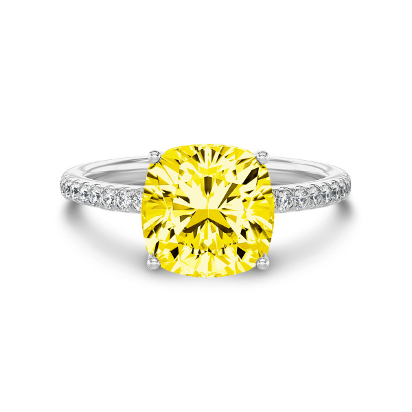 Search all PLP - 3.00 Karat Solitärring mit gelbem laborgezüchtetem Diamant im Kissenschliff aus Weißgold mit kleinen Labordiamanten