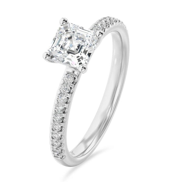 Verlobungsringe - 3.00 Karat Solitärring mit asscher geschliffenem Diamant aus Weißgold und kleinen Diamanten