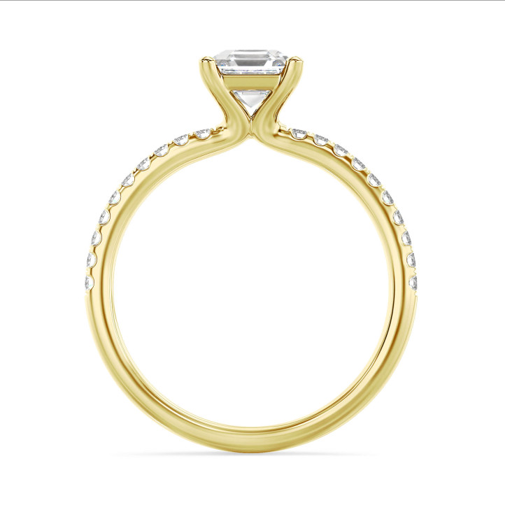 1.50 Karat Solitärring mit asscher geschliffenem Labordiamant aus Gelbgold und kleinen Labordiamanten