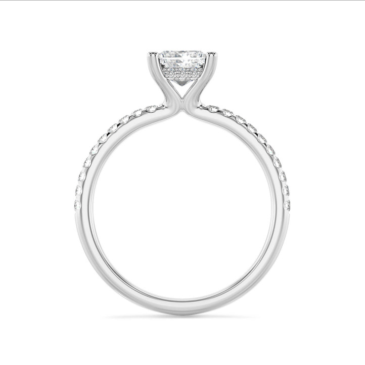 1.50 Karat Solitärring mit laborgezüchtetem Prinzessdiamant und hidden halo aus Weißgold