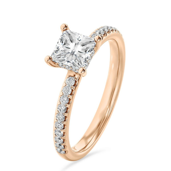 Neuheiten - 1.00 Karat Solitärring mit laborgezüchtetem Prinzessdiamant und hidden halo aus Rotgold