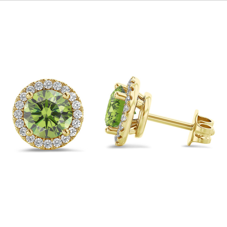 2.00 Karat Halo-Ohrringe aus Gelbgold mit Fancy Vivid Green Diamanten