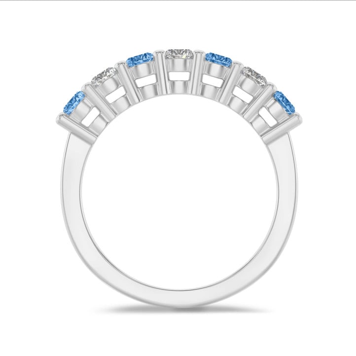 Half set ring with 0.70 carat blue and white diamonds in platinum