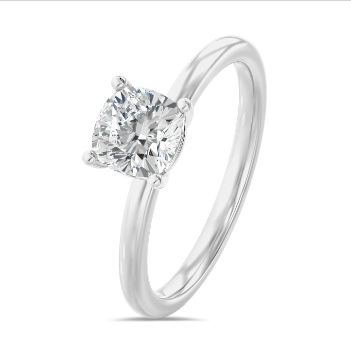 1.00 carat solitaire ring with a lab grown cushion diamond in white gold