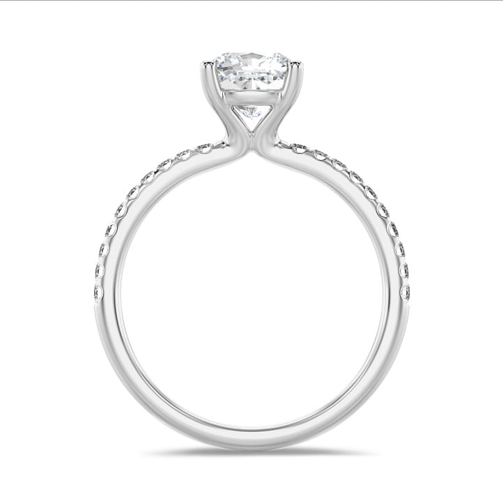 1.50 carat solitaire ring with a lab grown cushion diamond in white gold with lab grown side diamonds