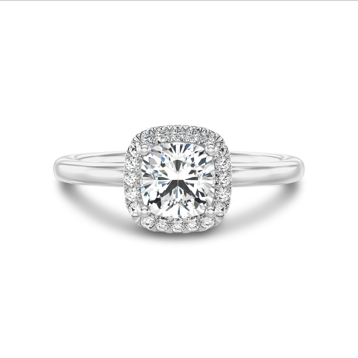 1.20 carat solitaire halo ring with a lab grown cushion diamond in white gold with round lab grown diamonds
