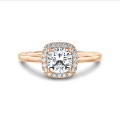 1.20 carat solitaire halo ring with a lab grown cushion diamond in red gold with round lab grown diamonds