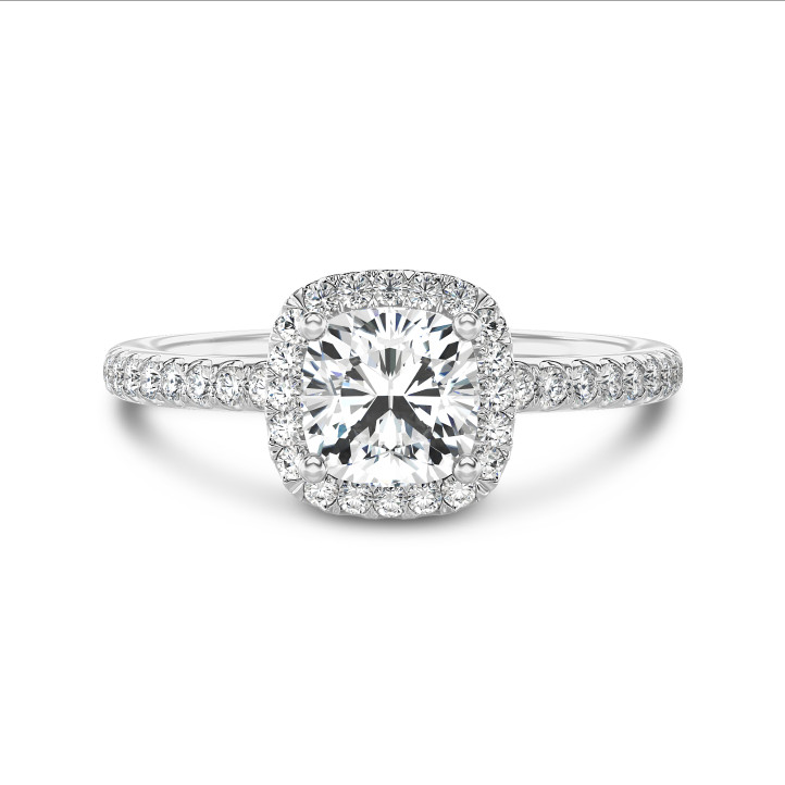 1.20 carat solitaire halo ring with a lab grown cushion diamond in white gold with round lab grown diamonds