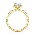 2.50 carat solitaire halo ring with a lab grown cushion diamond in yellow gold with round lab grown diamonds