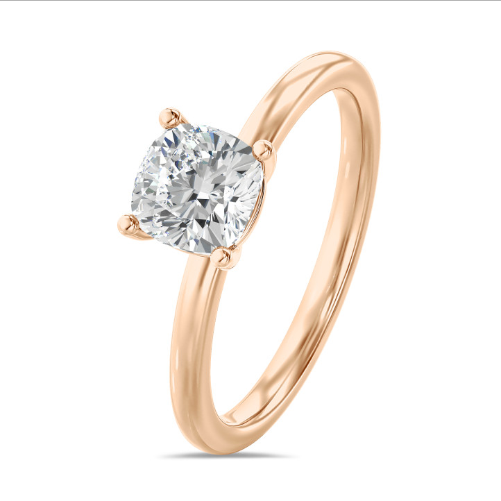 1.00 carat solitaire ring with a lab grown cushion diamond in red gold