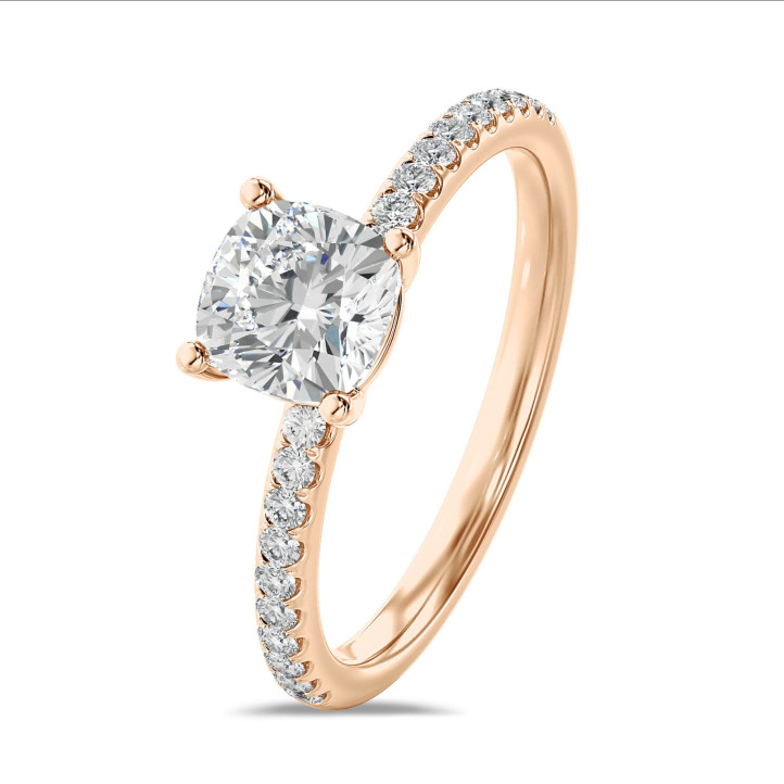 2.00 carat solitaire ring with a lab grown cushion diamond in red gold with lab grown side diamonds