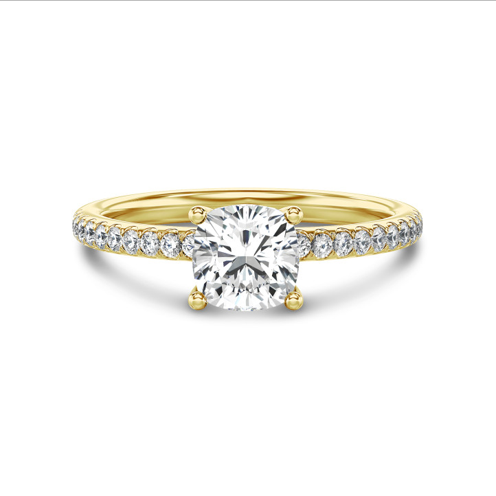 2.00 carat solitaire ring with a lab grown cushion diamond in yellow gold with lab grown side diamonds