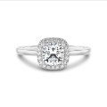 1.00 carat solitaire halo ring with a lab grown cushion diamond in white gold with round lab grown diamonds