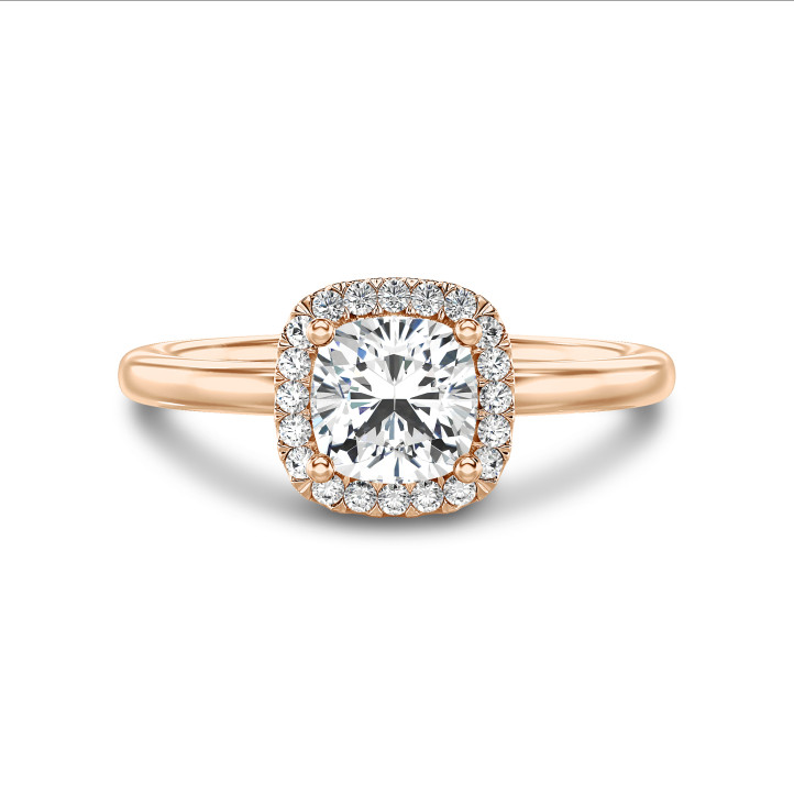 2.00 carat solitaire halo ring with a lab grown cushion diamond in red gold with round lab grown diamonds