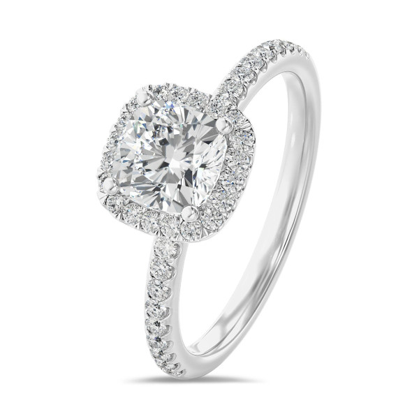 Engagement rings - 1.00 carat solitaire halo ring with a lab grown cushion diamond in white gold with round lab grown diamonds
