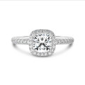 3.00 carat solitaire halo ring with a lab grown cushion diamond in white gold with round lab grown diamonds