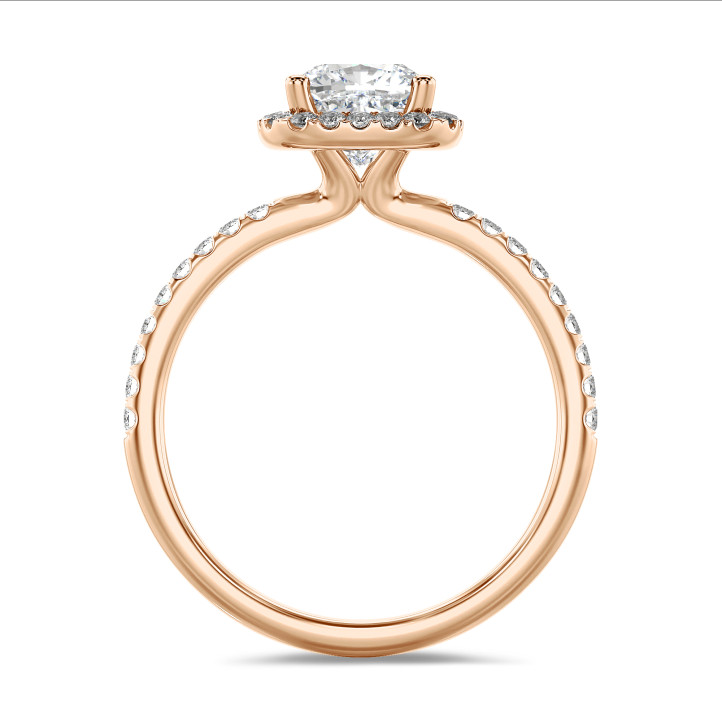 1.00 carat solitaire halo ring with a lab grown cushion diamond in red gold with round lab grown diamonds