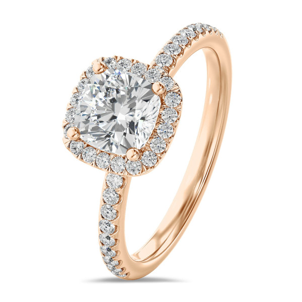 Search all PLP - 3.00 carat solitaire halo ring with a lab grown cushion diamond in red gold with round lab grown diamonds