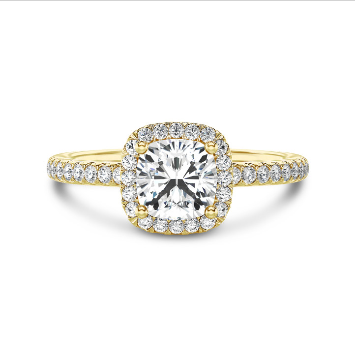 2.00 carat solitaire halo ring with a lab grown cushion diamond in yellow gold with round lab grown diamonds