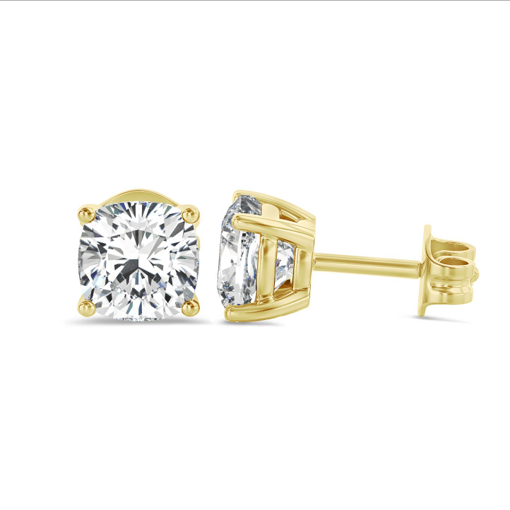 4.00 carat solitaire lab grown cushion cut diamond earrings in yellow gold