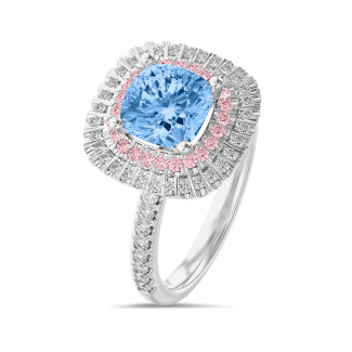 1.50 carat solitaire double (pink-white) halo ring with a blue lab grown cushion diamond in white gold and lab grown side diamonds