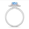 1.50 carat solitaire double (pink-white) halo ring with a blue cushion diamond in white gold and side diamonds