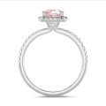 1.00 carat solitaire halo ring with a pink lab grown cushion diamond in white gold with round lab grown diamonds