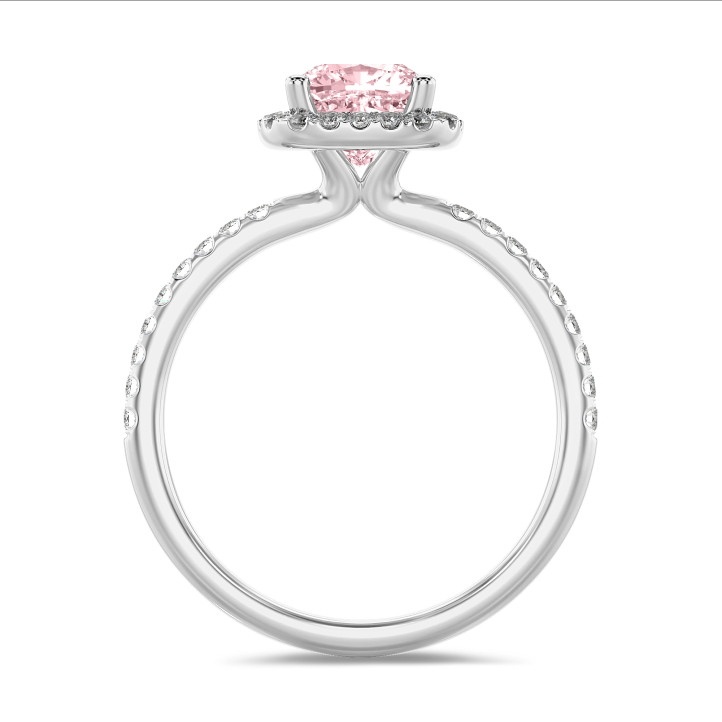 1.00 carat solitaire halo ring with a pink lab grown cushion diamond in white gold with round lab grown diamonds