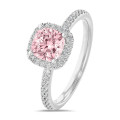 1.20 carat solitaire halo ring with a pink lab grown cushion diamond in white gold with round lab grown diamonds