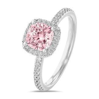 1.20 carat solitaire halo ring with a pink lab grown cushion diamond in white gold with round lab grown diamonds