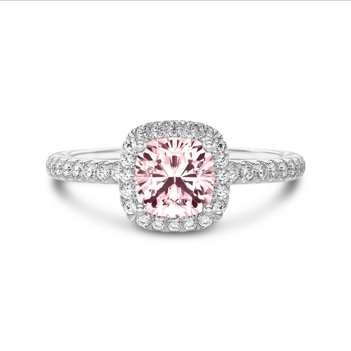 2.50 carat solitaire halo ring with a pink lab grown cushion diamond in white gold with round lab grown diamonds