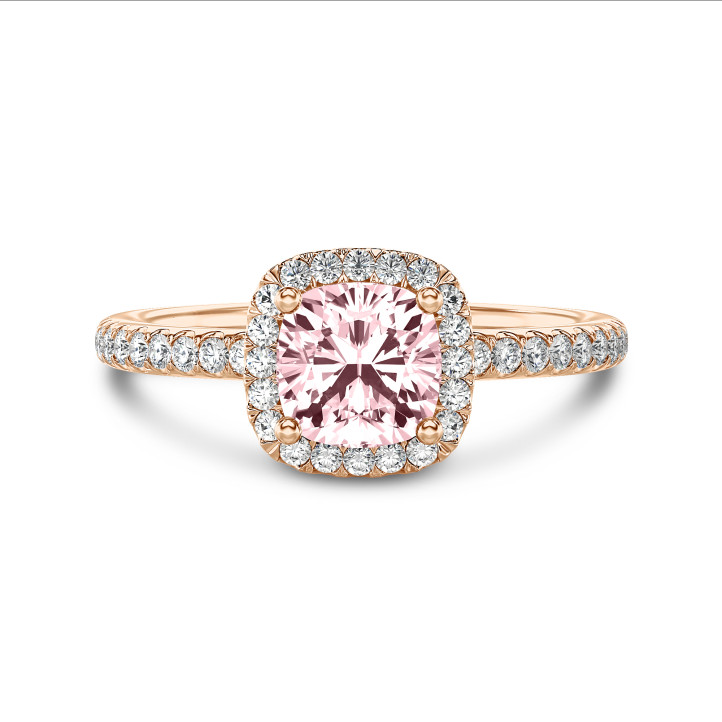 1.50 carat solitaire halo ring with a pink lab grown cushion diamond in red gold with round lab grown diamonds