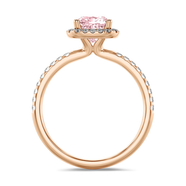 3.00 carat solitaire halo ring with a pink lab grown cushion diamond in red gold with round lab grown diamonds