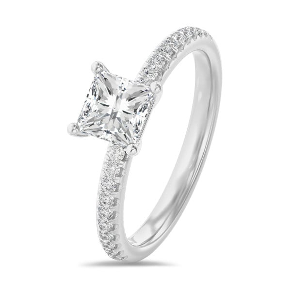 Rings - 1.00 carat solitaire ring with a lab grown princess diamond in white gold with lab grown side diamonds