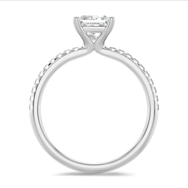 1.50 carat solitaire ring with a lab grown princess diamond in white gold with lab grown side diamonds