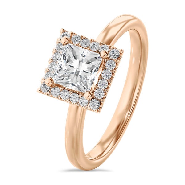 Rings - 1.50 carat solitaire halo ring with a princess diamond in red gold with round diamonds