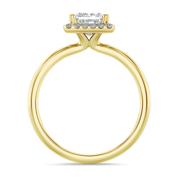 1.50 carat solitaire halo ring with a lab grown princess diamond in yellow gold with round lab grown diamonds