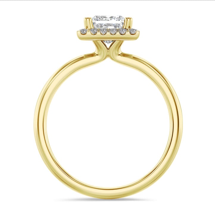 2.00 carat solitaire halo ring with a princess diamond in yellow gold with round diamonds
