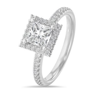 1.00 carat solitaire halo ring with a princess diamond in white gold with round diamonds