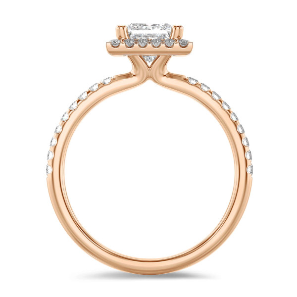 1.00 carat solitaire halo ring with a lab grown princess diamond in red gold with round lab grown diamonds