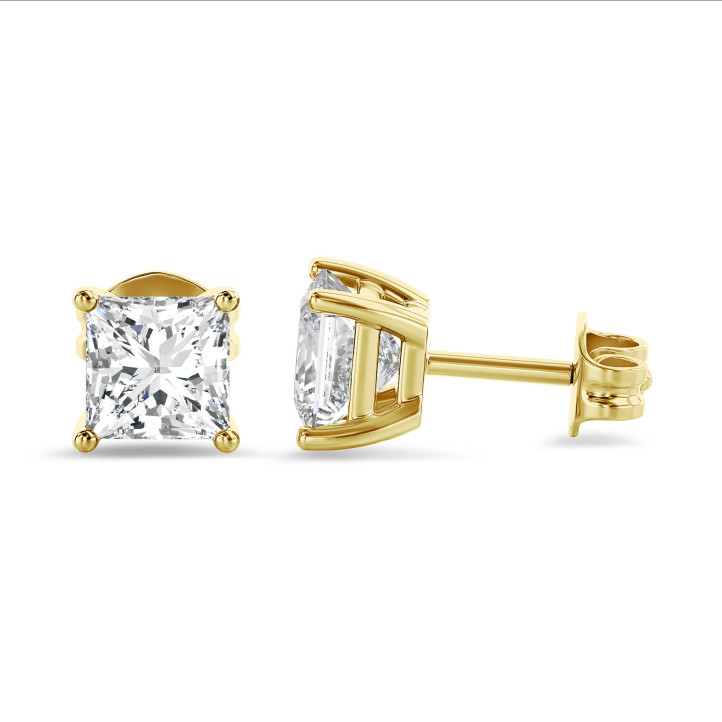 3.00 carat solitaire earrings in yellow gold with lab grown princess diamonds