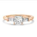 1.00 carat trilogy ring in red gold with a lab grown princess diamond and lab grown tapered baguettes