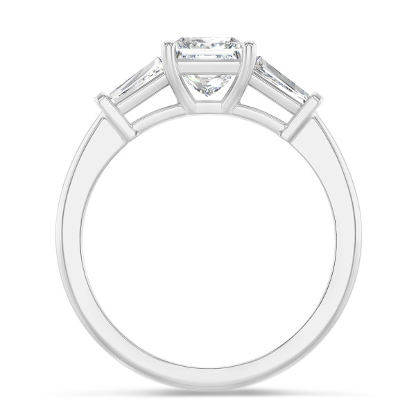 1.00 carat trilogy ring in platinum with a lab grown princess diamond and lab grown tapered baguettes