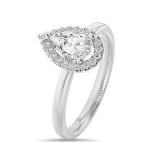 1.00 carat solitaire halo ring with pear diamond in white gold with round diamonds